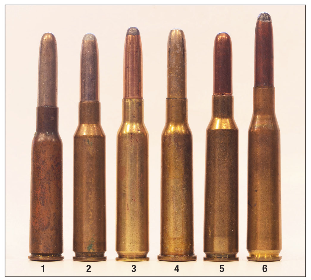 Typical military 6.5s from around 1900: (1) 6.5x50 Arisaka, (2) 6.5x52 Carcano, (3) 6.5x54 Mannlicher-Schönauer, (4) 6.5x53R Dutch, (5) 6.5x55 Swede and (6) 6.5x58 Mauser.
